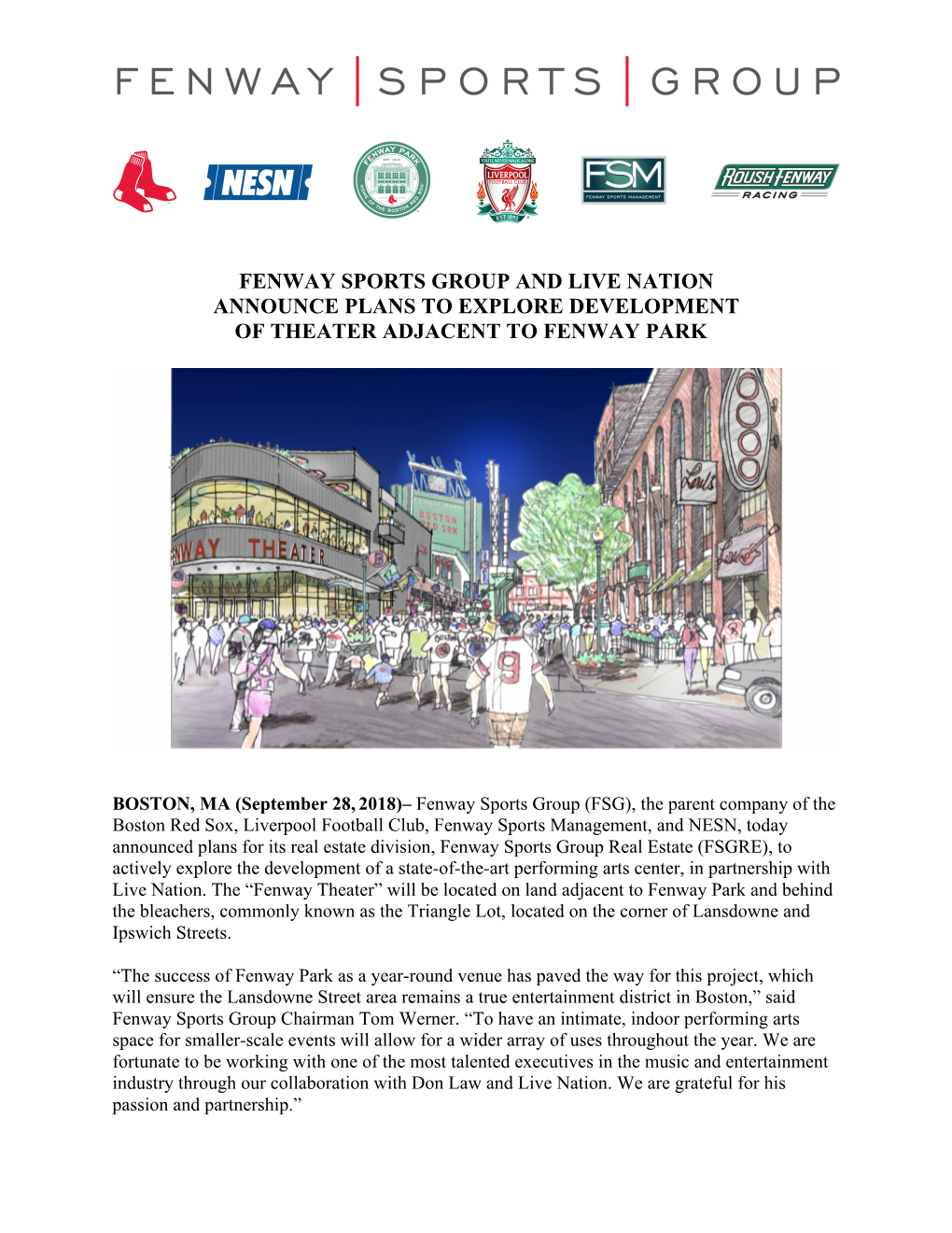 Fenway Sports Group and Live Nation Announce Plans to Explore Development of Theater Adjacent to Fenway Park