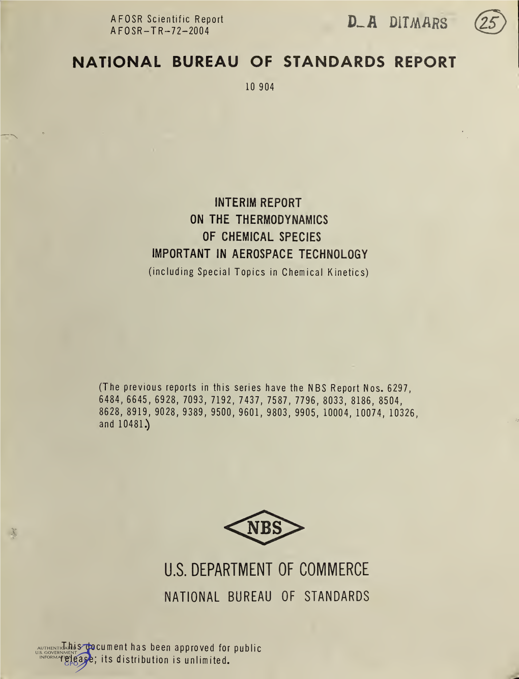 Interim Report on the Thermodynamics of Chemical Species