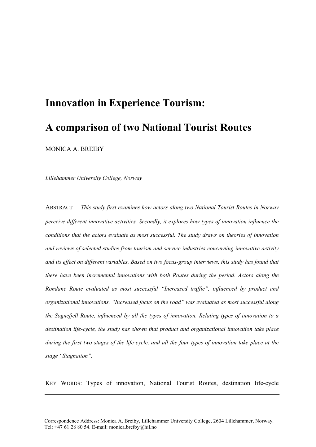 Innovation in Experience Tourism