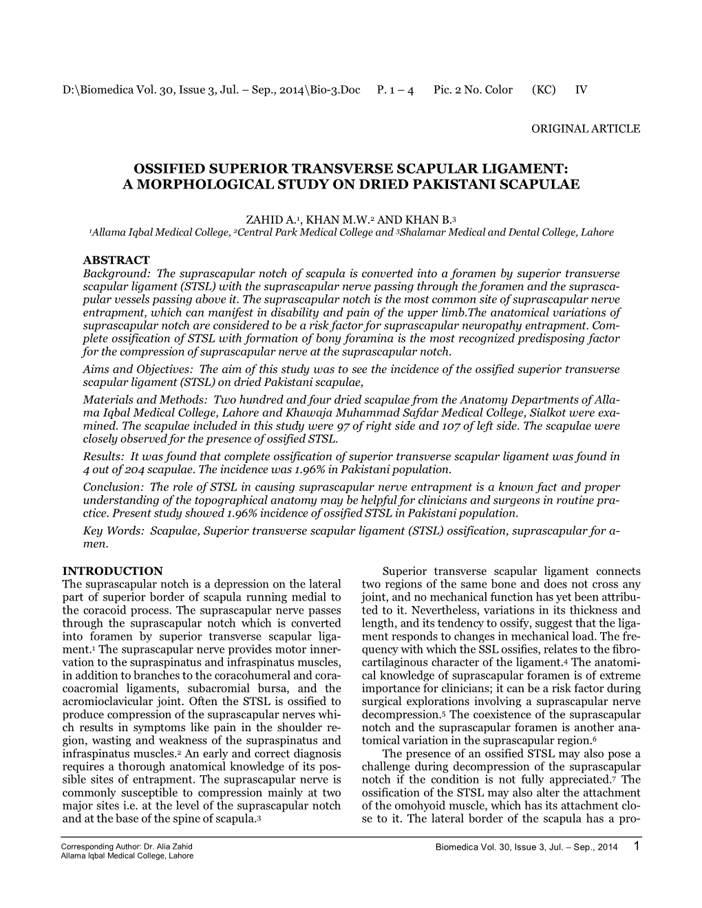 Ossified Superior Transverse Scapular Ligament: a Morphological Study on Dried Pakistani Scapulae