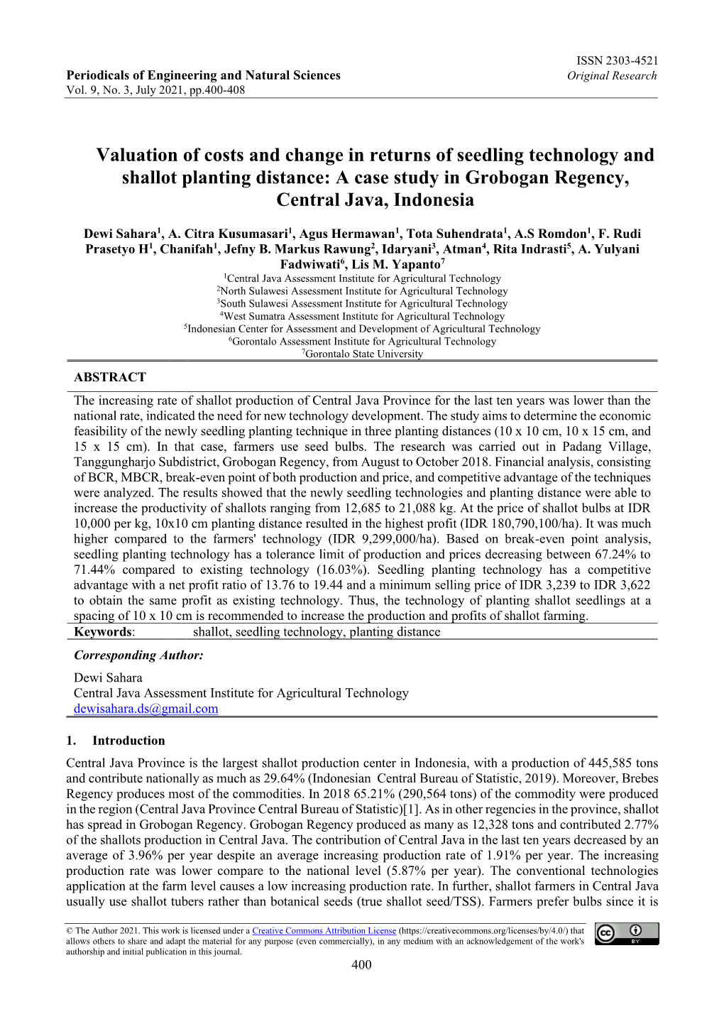 Valuation of Costs and Change in Returns of Seedling Technology and Shallot Planting Distance: a Case Study in Grobogan Regency, Central Java, Indonesia