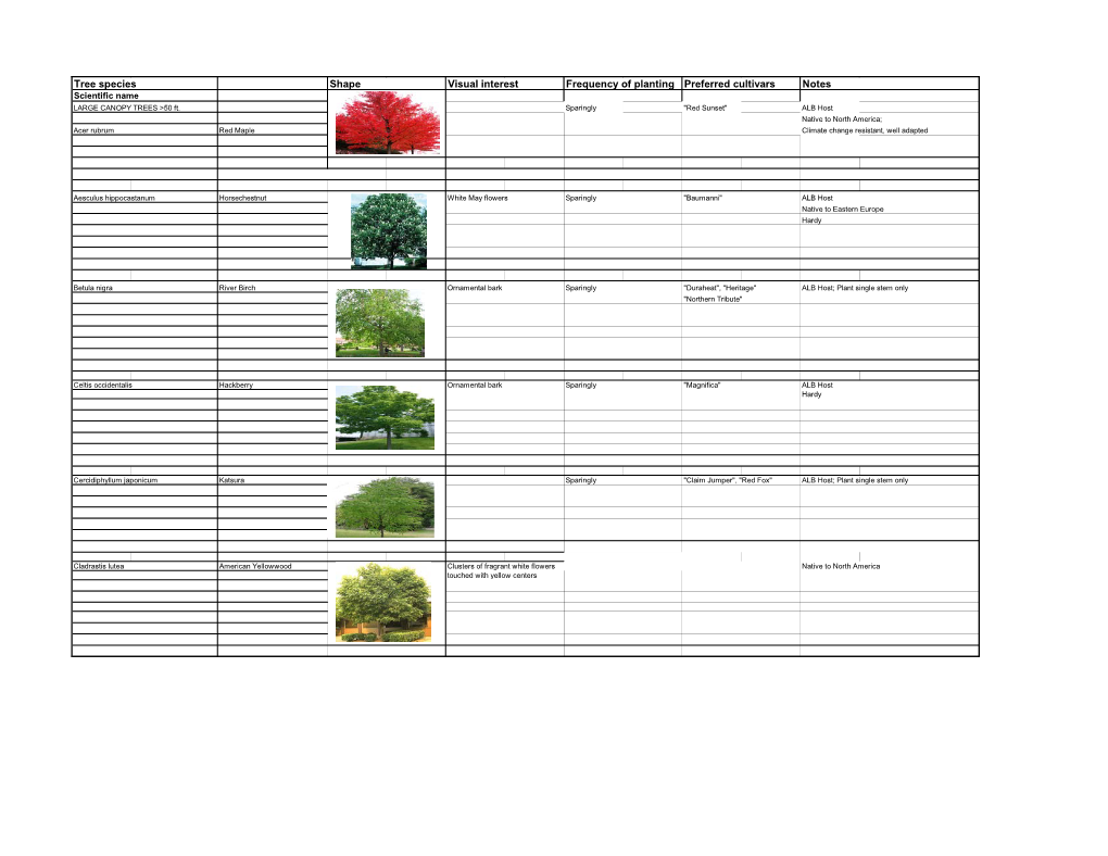 Tree Species Shape Visual Interest Frequency of Planting Preferred Cultivars Notes Scientific Name LARGE CANOPY TREES >50 Ft