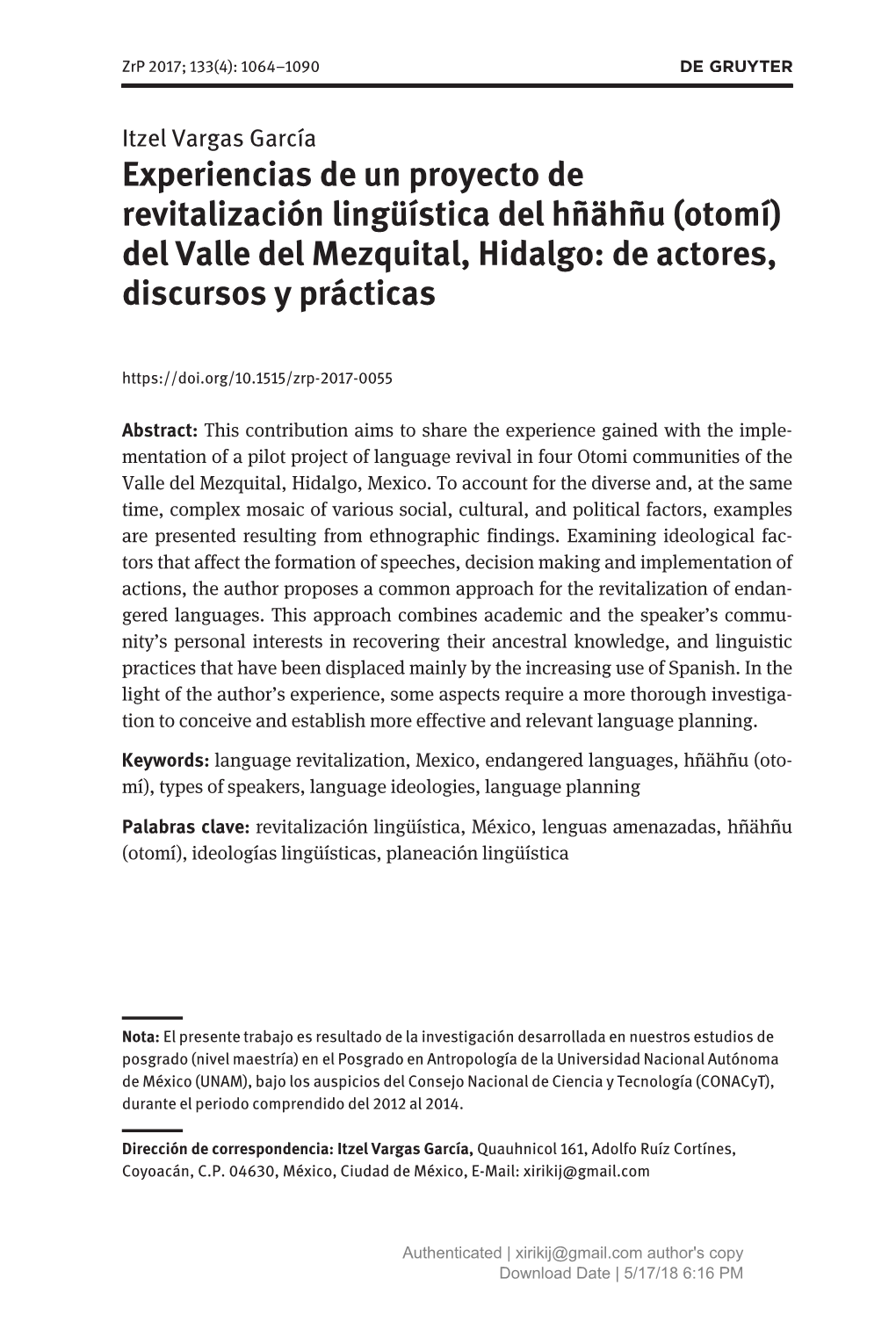 Experiencias De Un Proyecto De Revitalización Lingüística Del Hñähñu (Otomí) Del Valle Del Mezquital, Hidalgo: De Actores, Discursos Y Prácticas