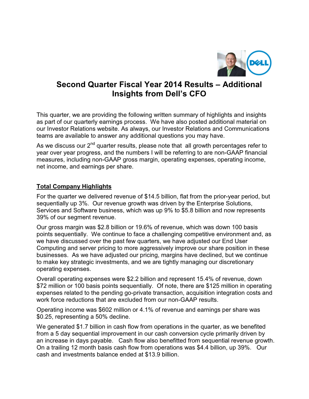 Second Quarter Fiscal Year 2014 Results – Additional Insights from Dell’S CFO