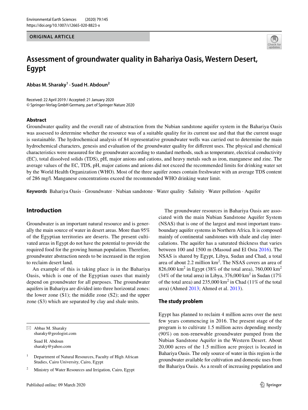 Assessment of Groundwater Quality in Bahariya Oasis, Western Desert, Egypt