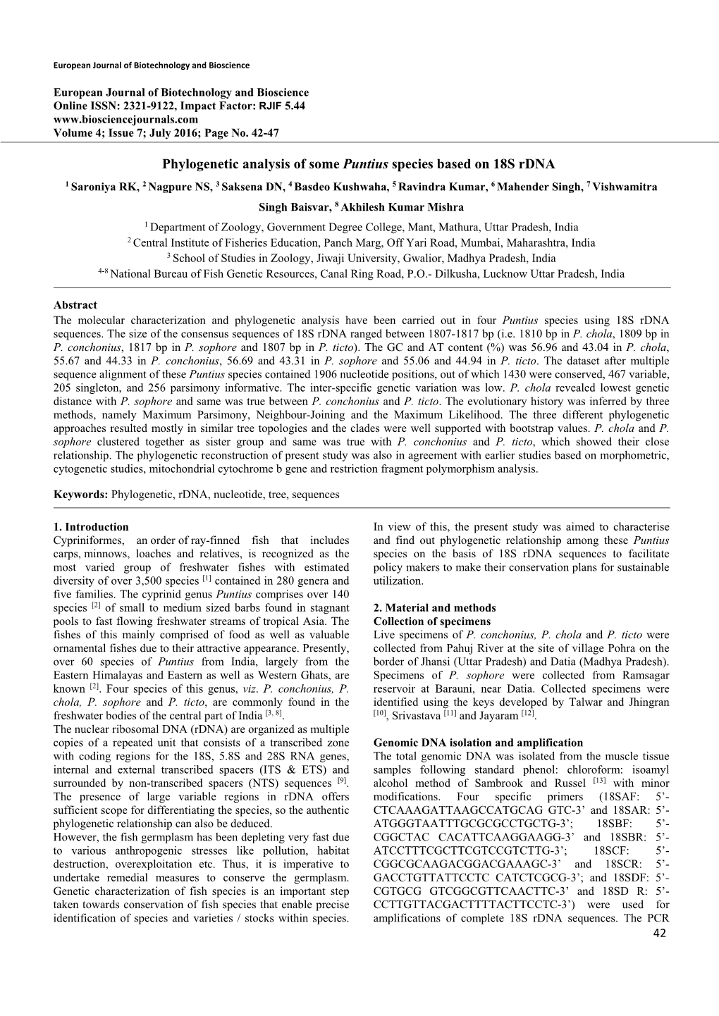 Phylogenetic Analysis of Some Puntius Species Based on 18S Rdna