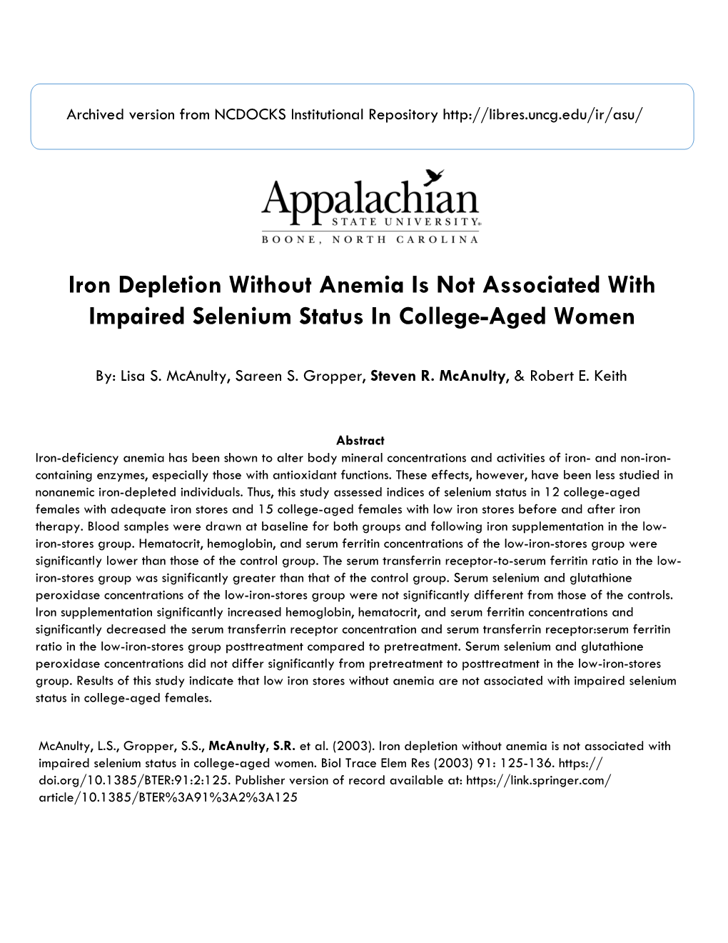 Iron Depletion Without Anemia Is Not Associated with Impaired Selenium Status in College-Aged Women