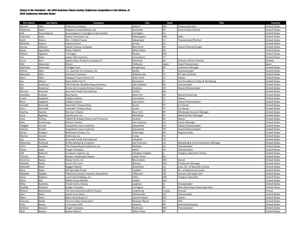 The 2016 American Cheese Society Conference Competition in Des Moines, IA 2016 Conference Attendee Roster