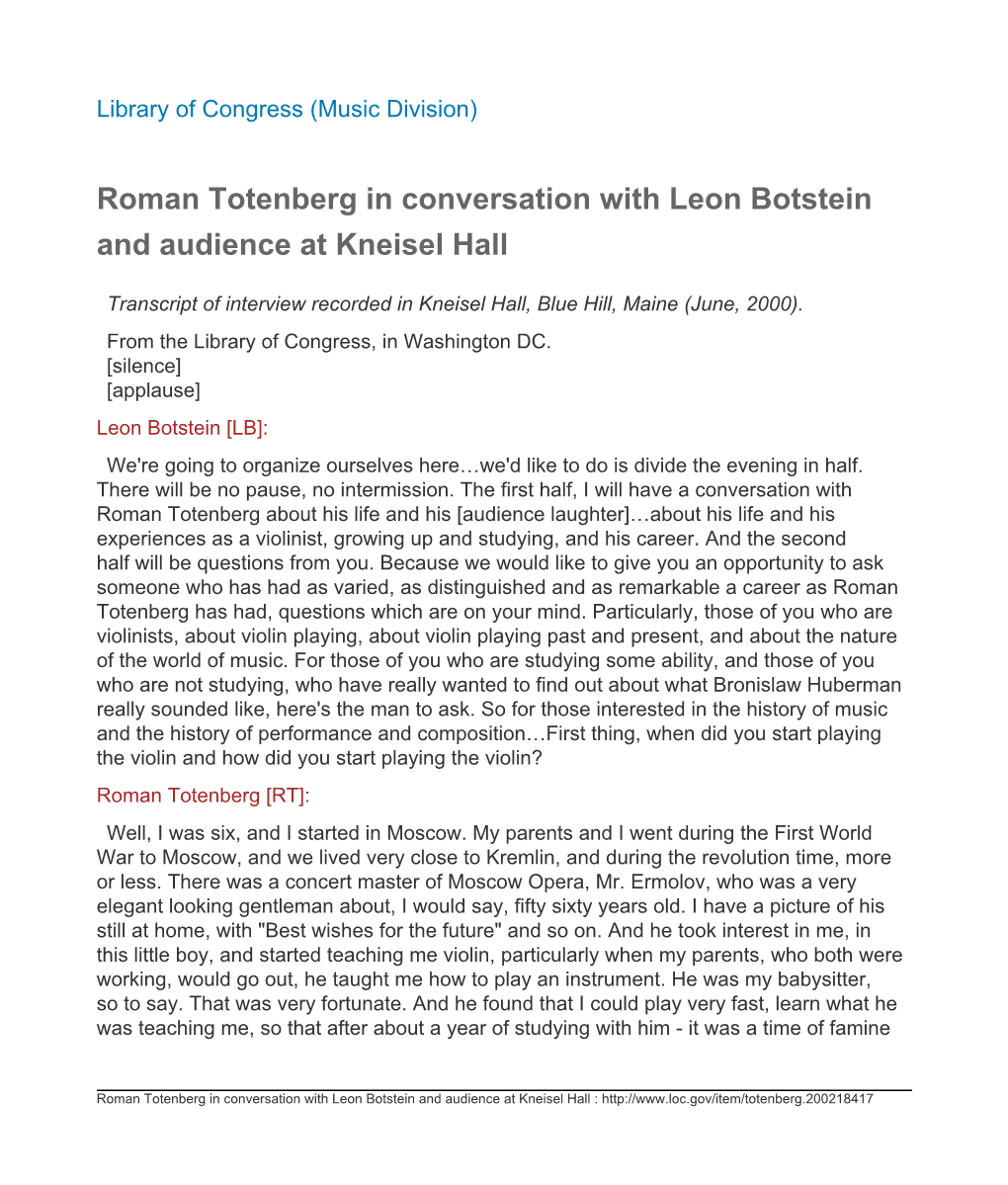 Roman Totenberg in Conversation with Leon Botstein and Audience at Kneisel Hall