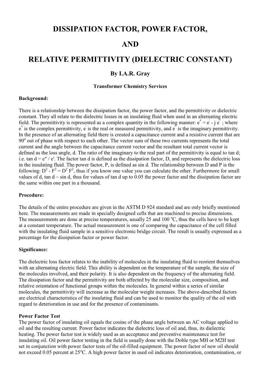 Dissipation Factor, Power Factor, and Relative Permittivity (Dielectric Constant)