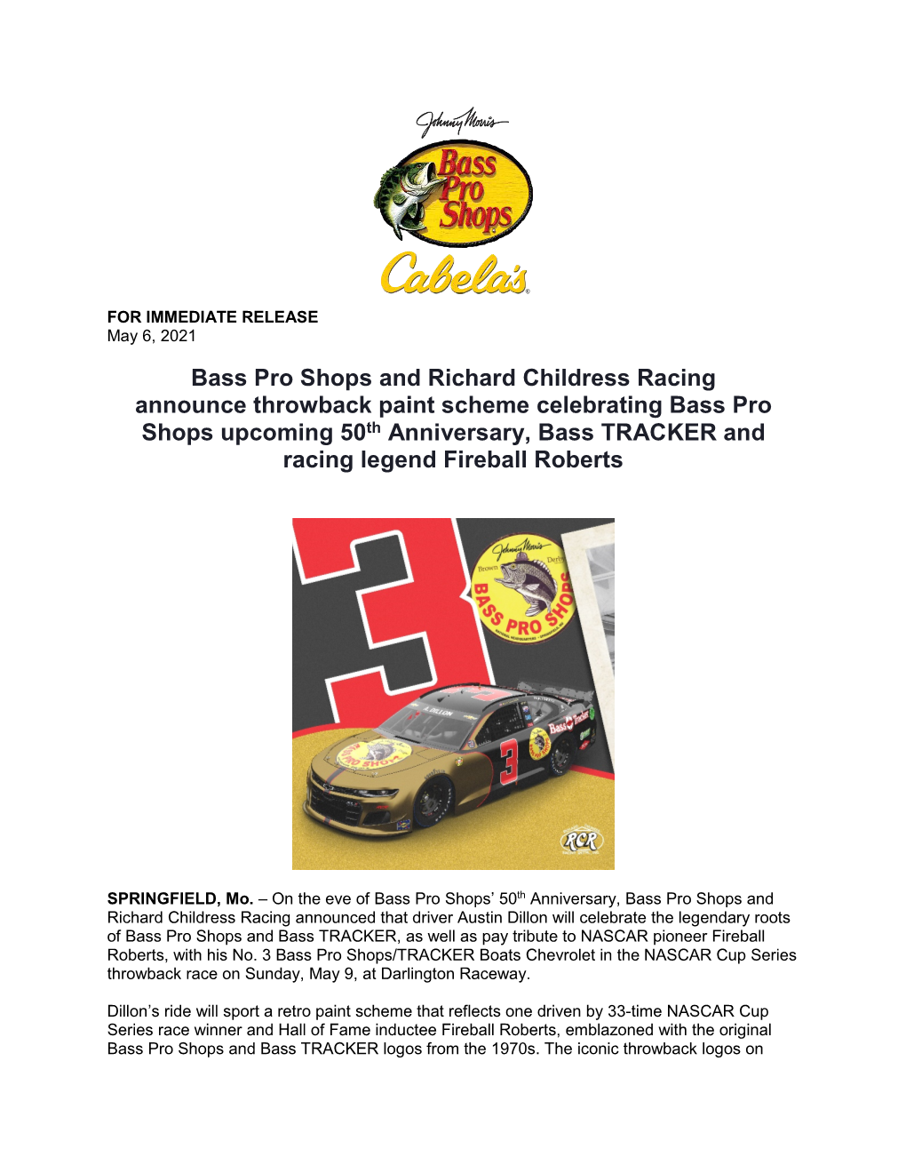 Bass Pro Shops and Richard Childress Racing Announce