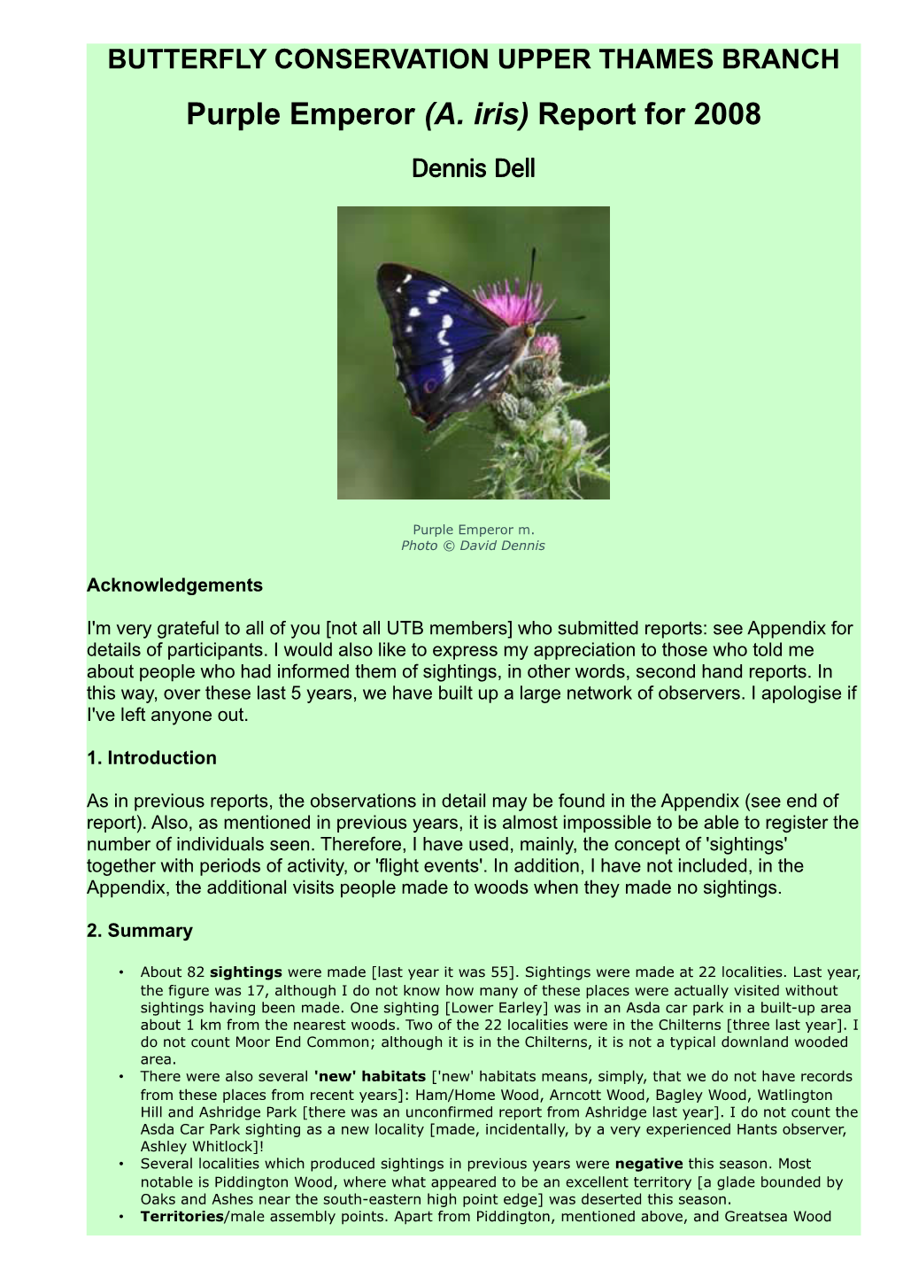 Purple Emperor (A. Iris) Report for 2008