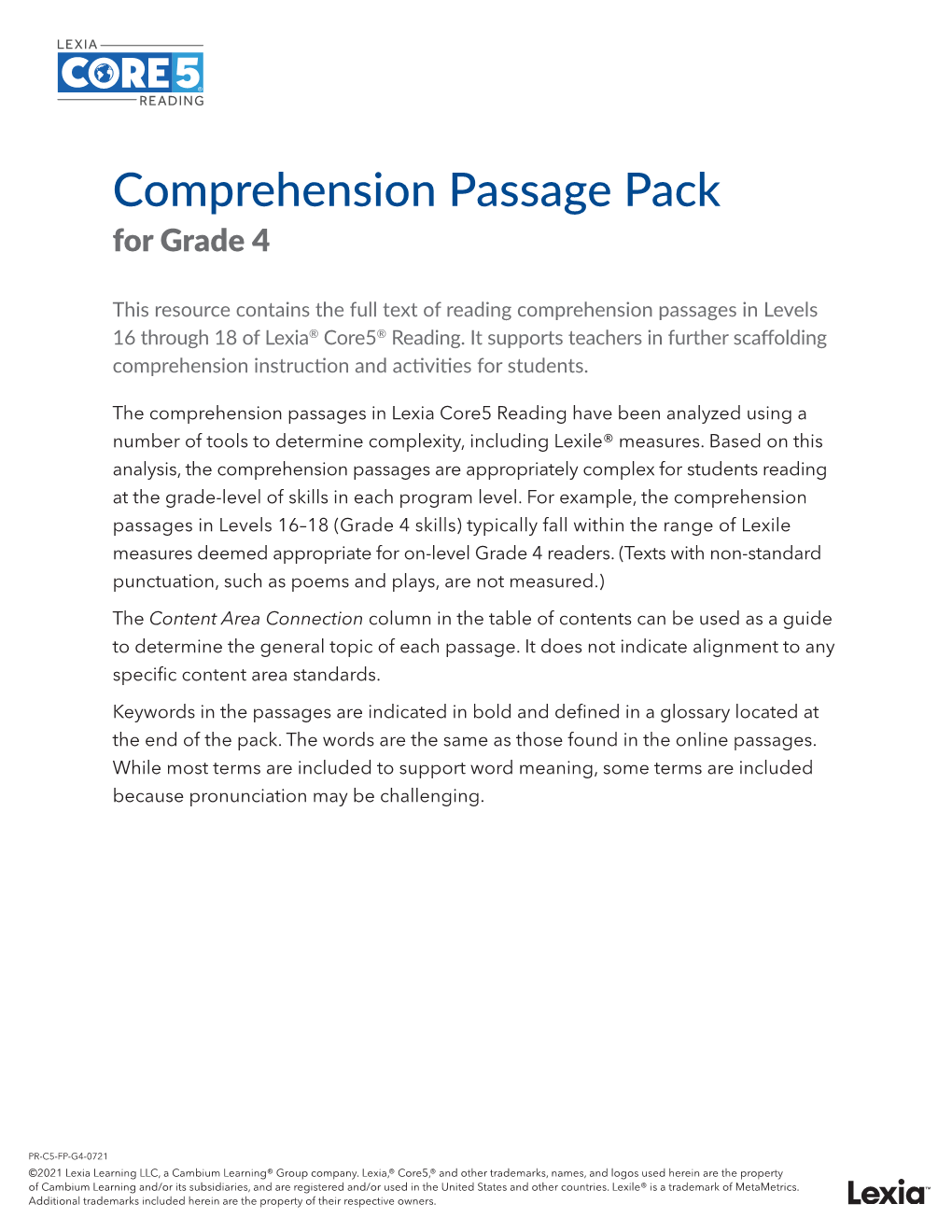 Comprehension Passage Pack for Grade 4