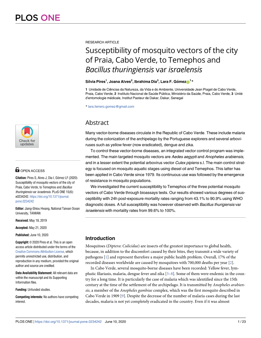 Susceptibility of Mosquito Vectors of the City of Praia, Cabo Verde, to Temephos and Bacillus Thuringiensis Var Israelensis