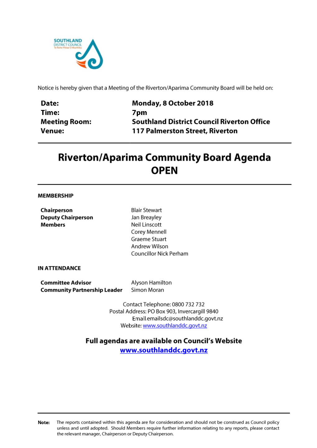 Agenda of Riverton/Aparima Community Board