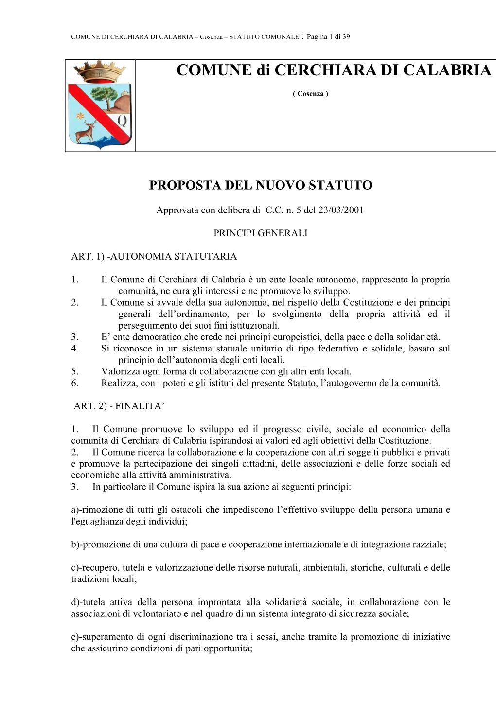 Statuto Comune Di Cerchiara Di Calabria