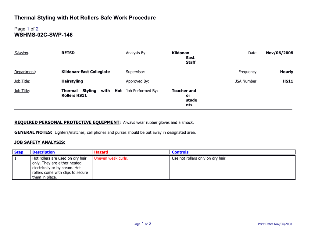 SWP-146 Thermal Styling with Hot Rollers Safe Work Procedure