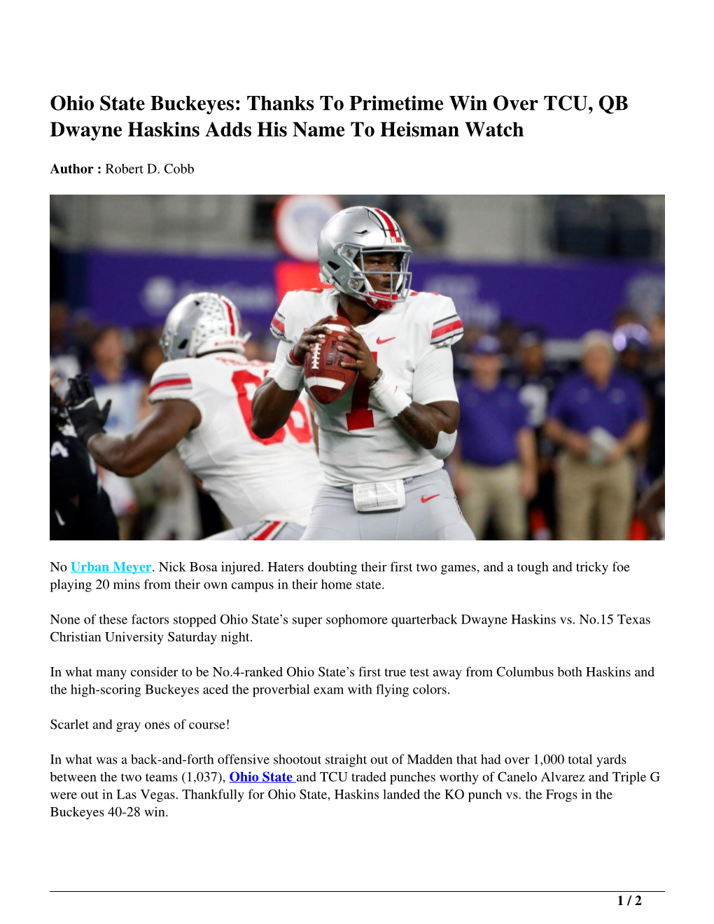 Ohio State Buckeyes: Thanks to Primetime Win Over TCU, QB Dwayne Haskins Adds His Name to Heisman Watch