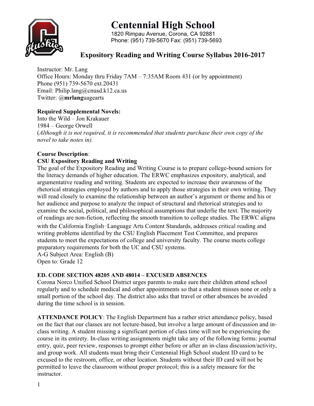 Expository Reading and Writing Course Syllabus 2016-2017