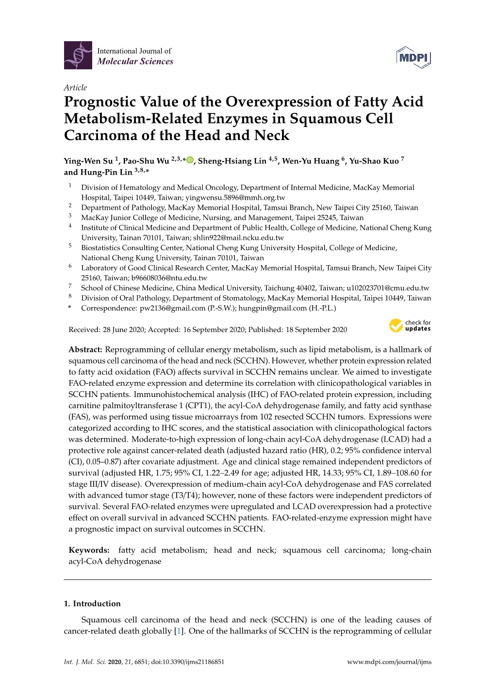 Prognostic Value of the Overexpression of Fatty Acid Metabolism-Related Enzymes in Squamous Cell Carcinoma of the Head and Neck