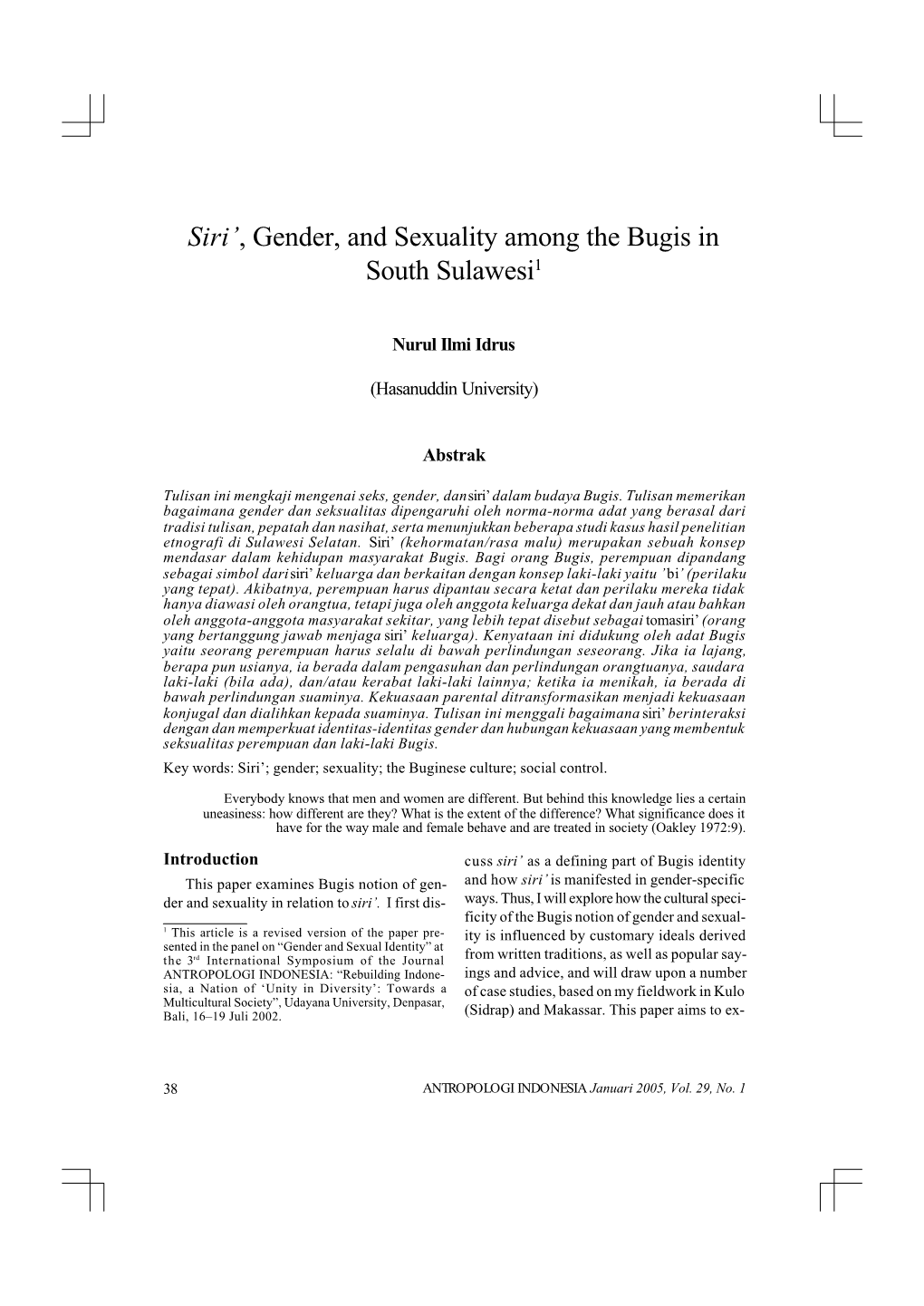 Siri', Gender, and Sexuality Among the Bugis in South Sulawesi1