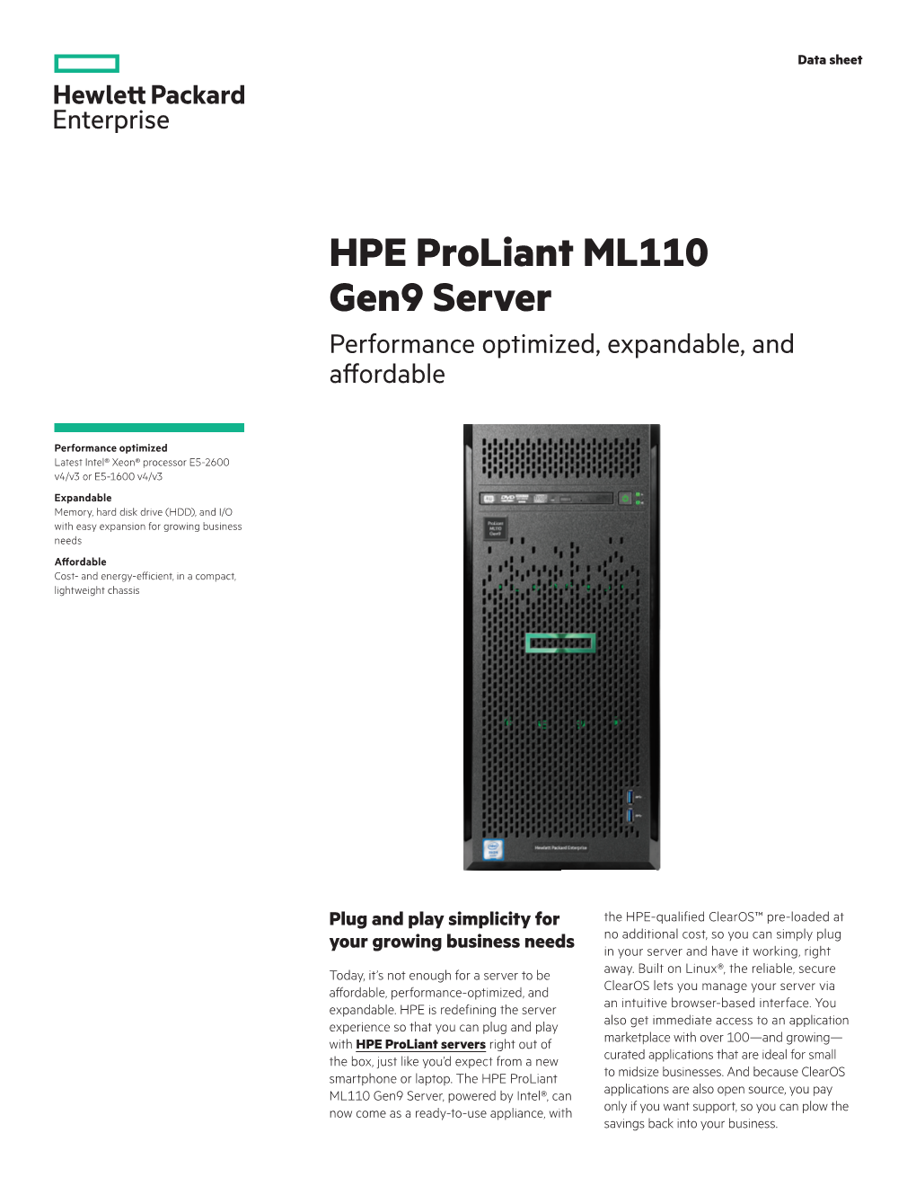 HPE Proliant ML110 Gen9 Server with Clearos for Smbs Data Sheet