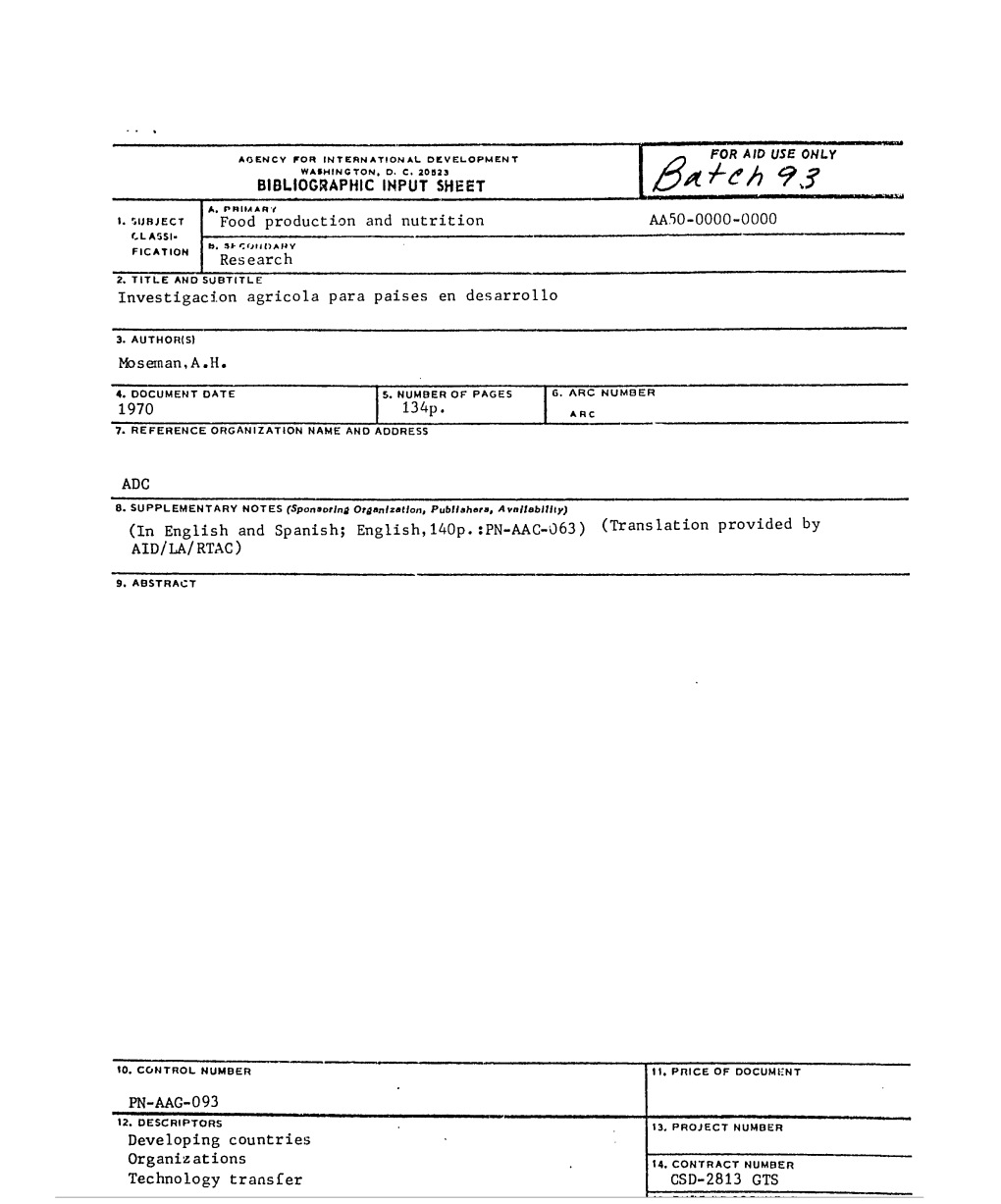 BIBLIOGRAPHIC INPUT SHEET Food Production and Nutrition AA50-0000