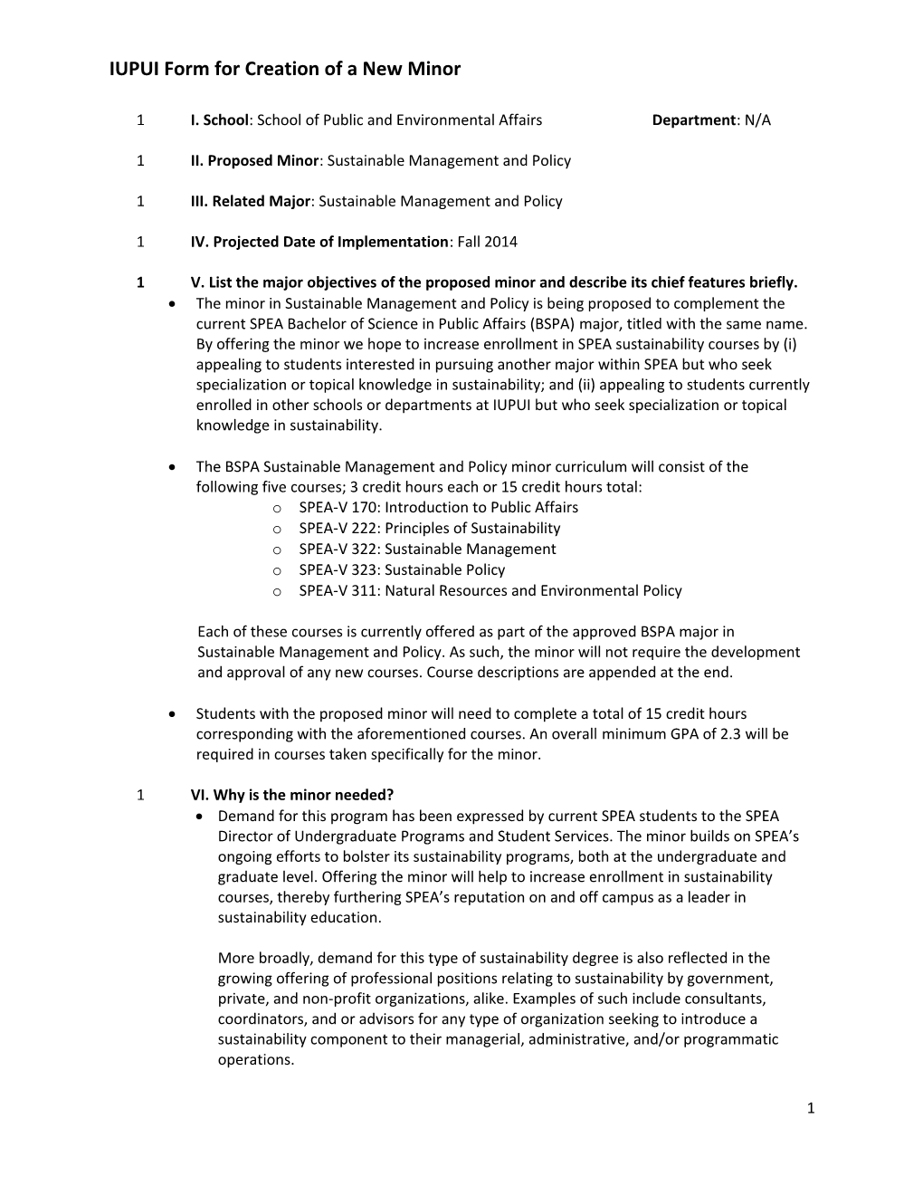 IUPUI Form for Creation of a New Minor