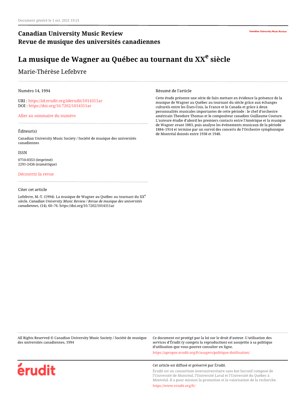La Musique De Wagner Au Québec Au Tournant Du Xxe Siècle Marie-Thérèse Lefebvre