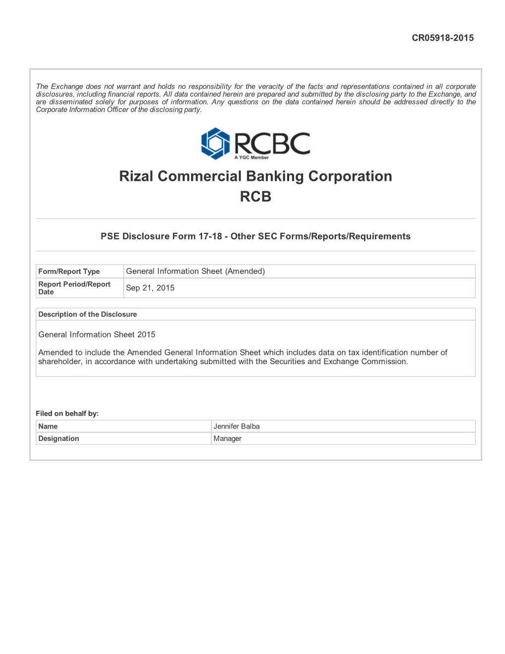 Rizal Commercial Banking Corporation RCB