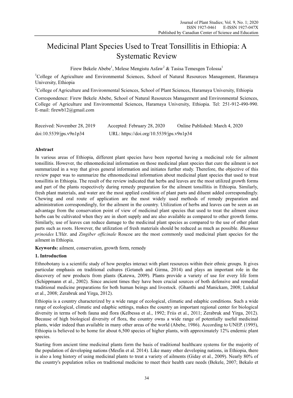 Medicinal Plant Species Used to Treat Tonsillitis in Ethiopia: a Systematic Review