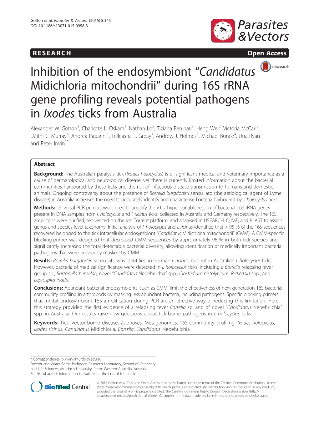 Candidatus Midichloria Mitochondrii” During 16S Rrna Gene Profiling Reveals Potential Pathogens in Ixodes Ticks from Australia Alexander W
