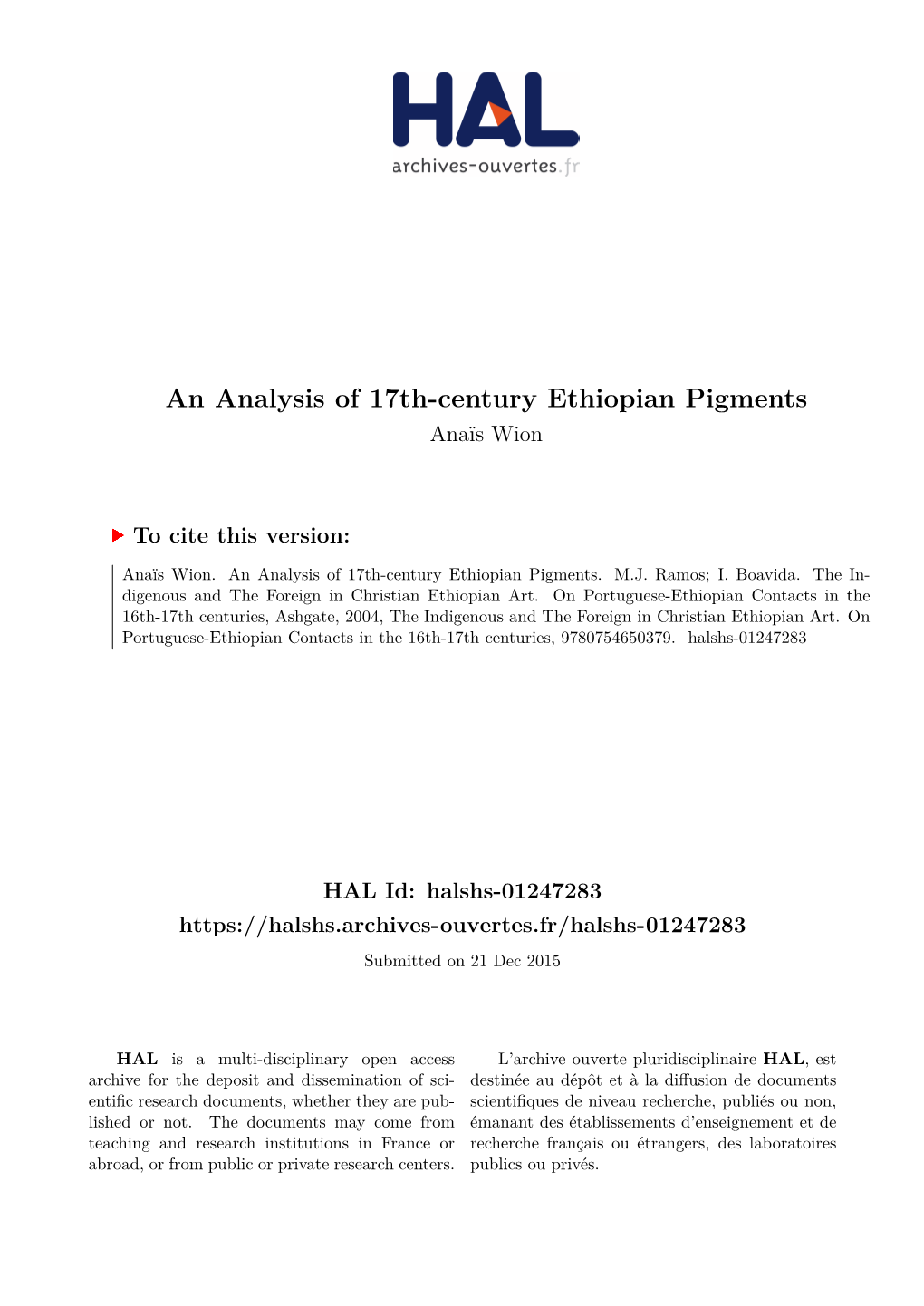 An Analysis of 17Th-Century Ethiopian Pigments Anaïs Wion