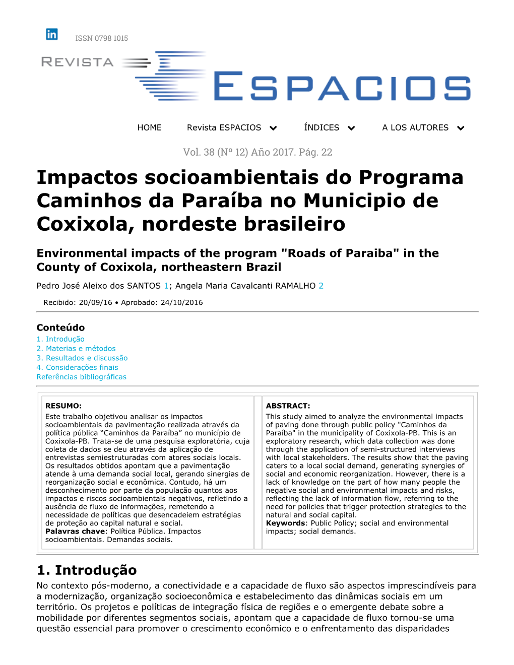 Impactos Socioambientais Do Programa Caminhos Da Paraíba No Municipio De Coxixola, Nordeste Brasileiro