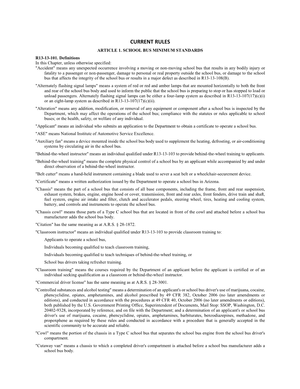 Article 1. School Bus Minimum Standards R13-13-101