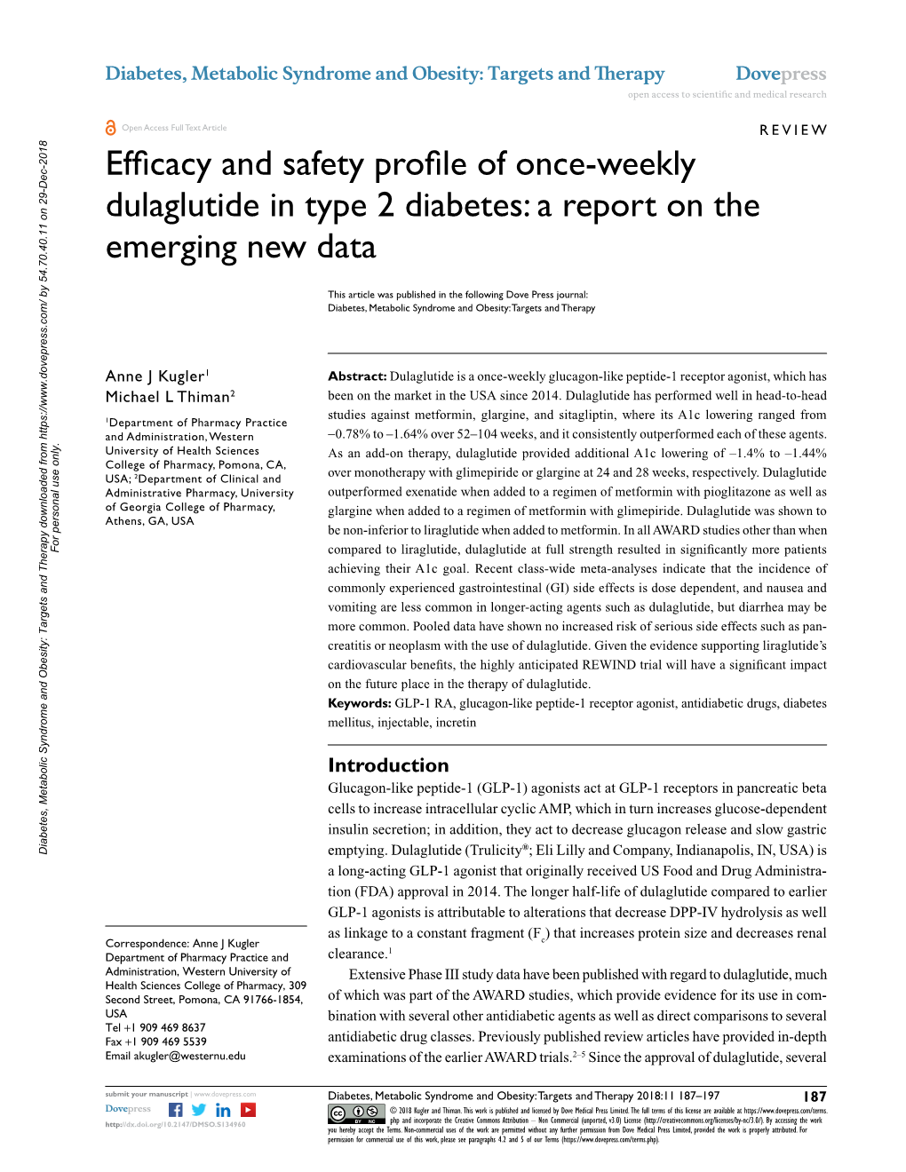 Efficacy and Safety Profile of Once-Weekly Dulaglutide in Type 2 Diabetes: a Report on the Emerging New Data