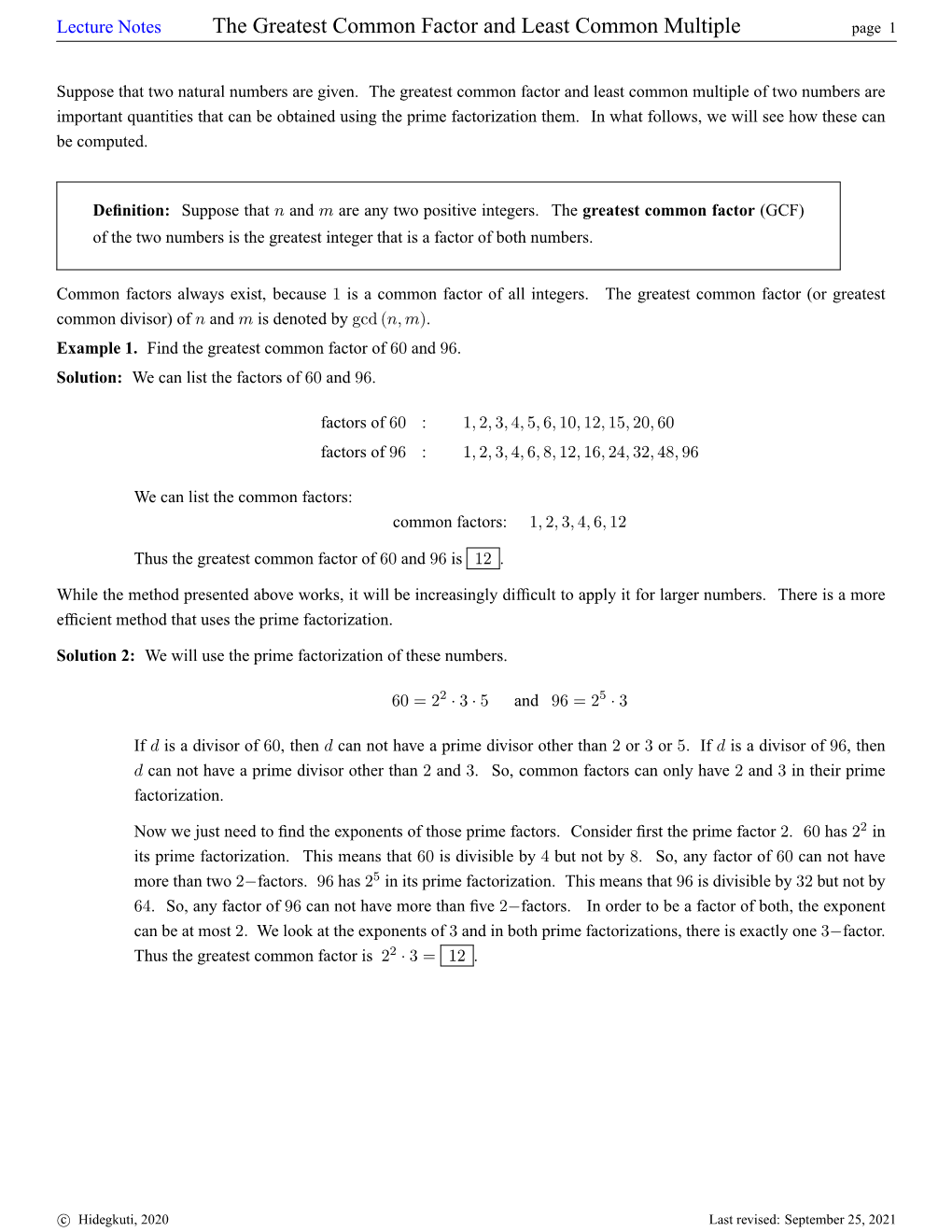 The Greatest Common Factor and Least Common Multiple Page 1