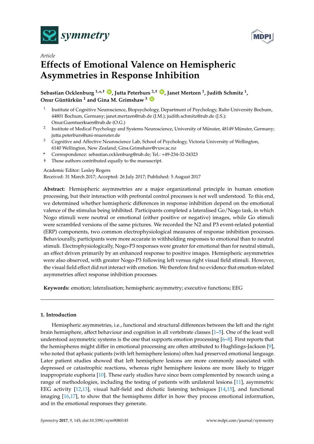 Effects of Emotional Valence on Hemispheric Asymmetries in Response Inhibition