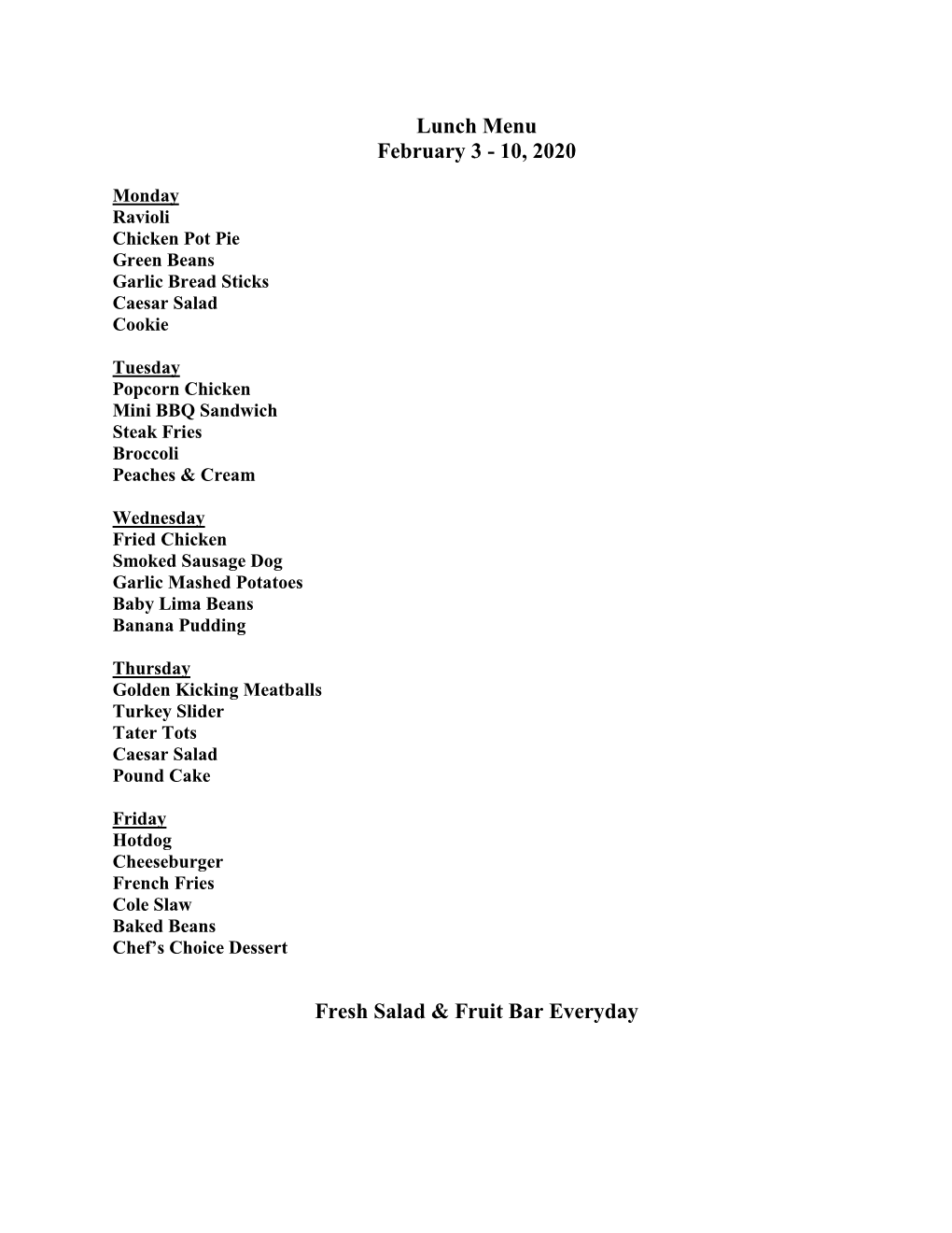 Lunch Menu February 3 - 10, 2020