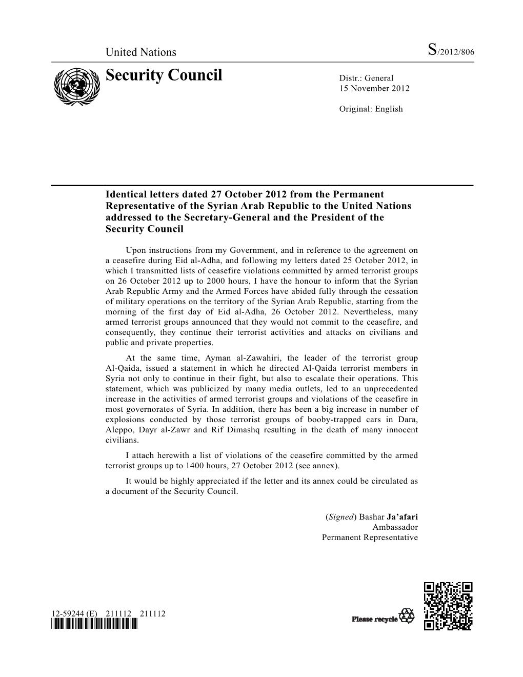 Security Council Distr.: General 15 November 2012