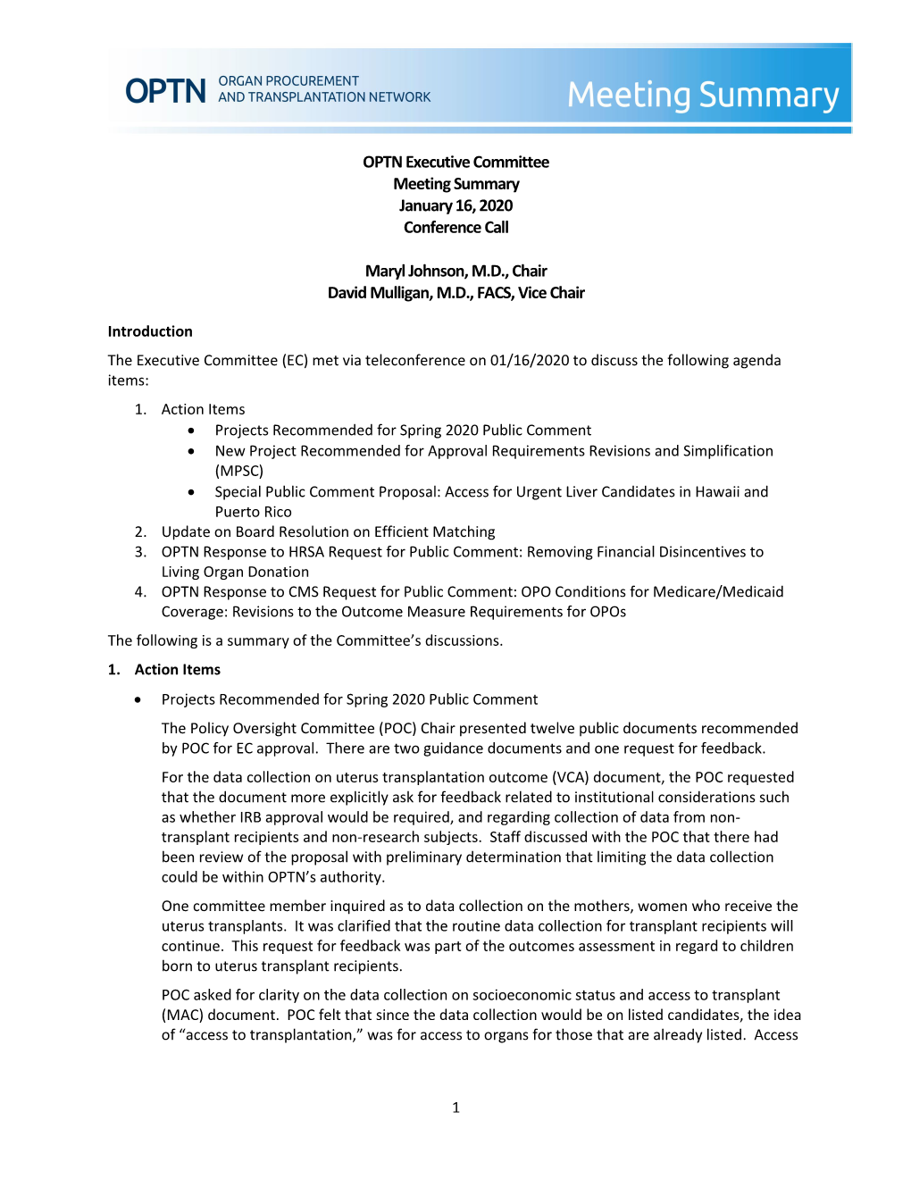 OPTN Executive Committee Meeting Summary 1.16.2020
