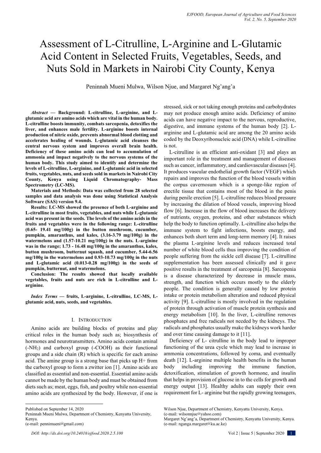 Assessment of L-Citrulline, L-Arginine and L-Glutamic Acid Content in Selected Fruits, Vegetables, Seeds, and Nuts Sold in Markets in Nairobi City County, Kenya