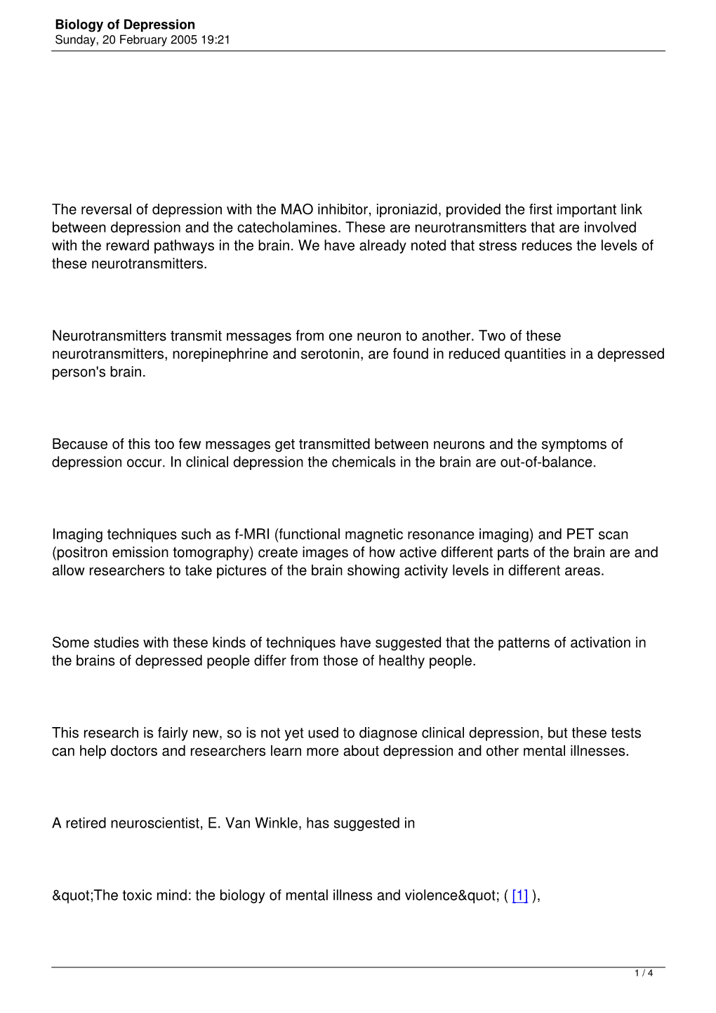 Biology of Depression Sunday, 20 February 2005 19:21