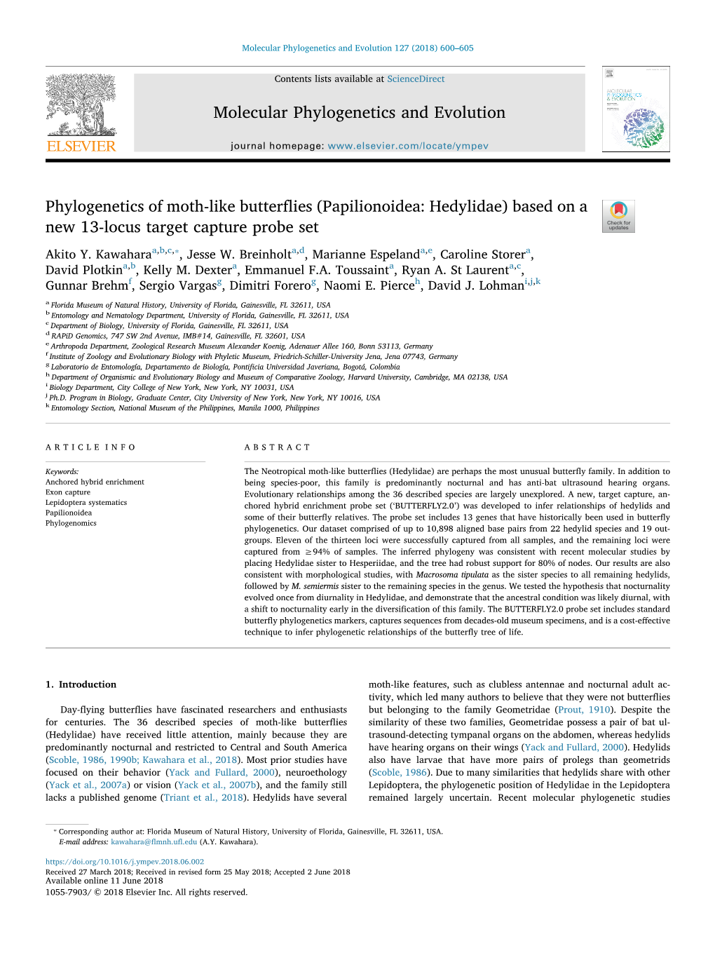 Phylogenetics of Moth-Like Butterflies (Papilionoidea Hedylidae)