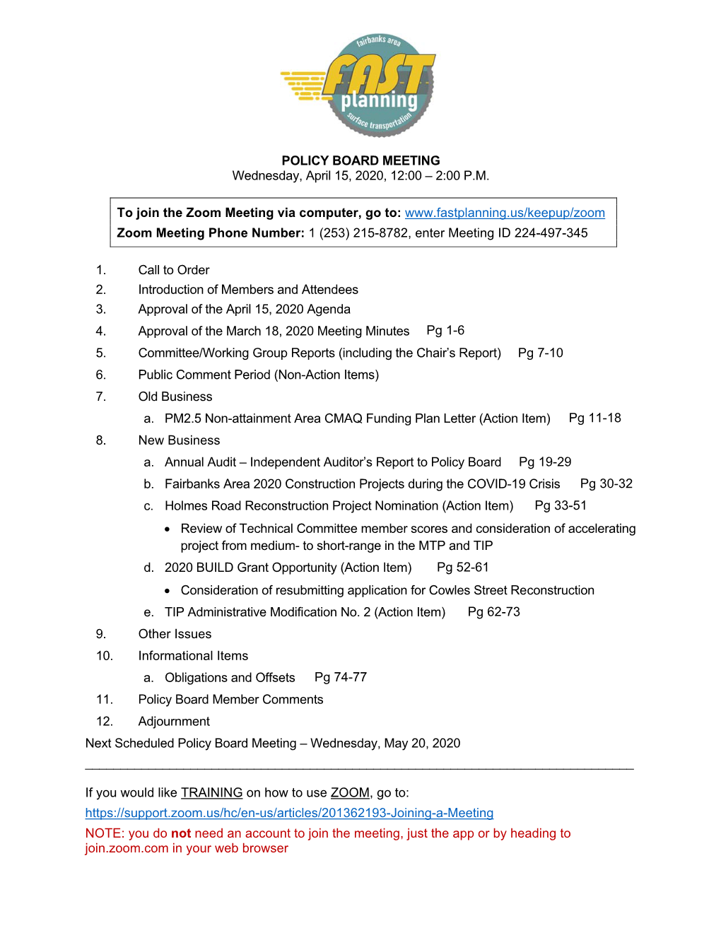 POLICY BOARD MEETING Wednesday, April 15, 2020, 12:00 – 2:00 P.M