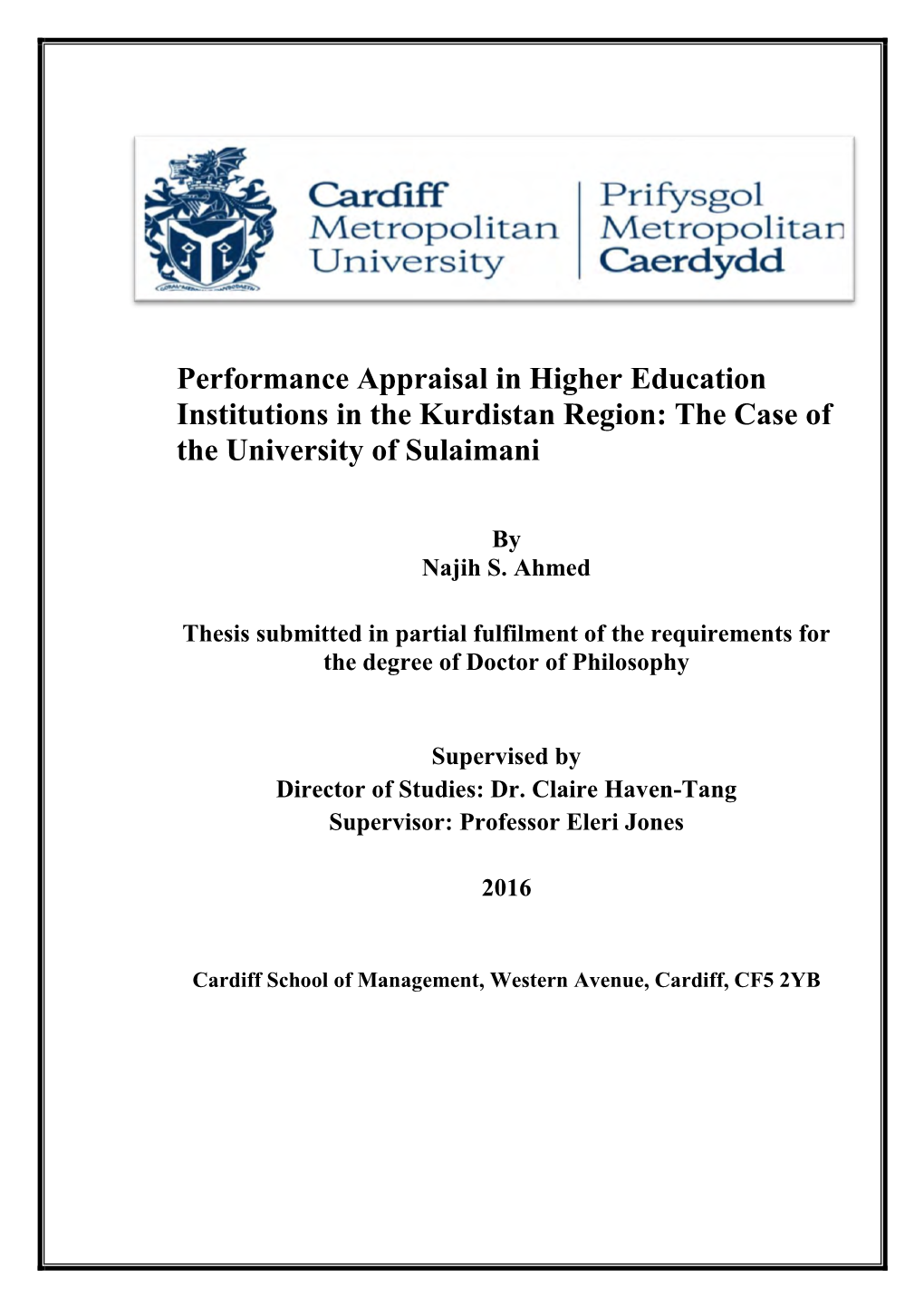 Performance Appraisal in Higher Education Institutions in the Kurdistan Region: the Case of the University of Sulaimani