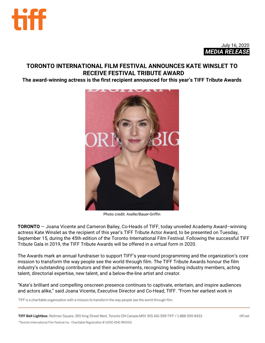 Media Release Toronto International Film Festival