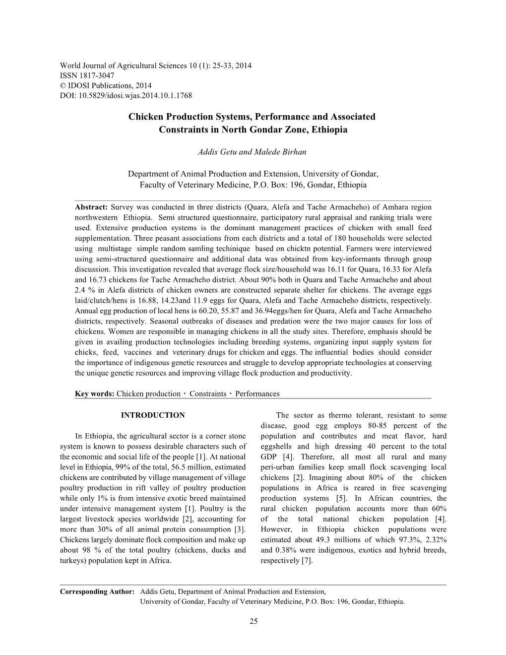 Chicken Production Systems, Performance and Associated Constraints in North Gondar Zone, Ethiopia