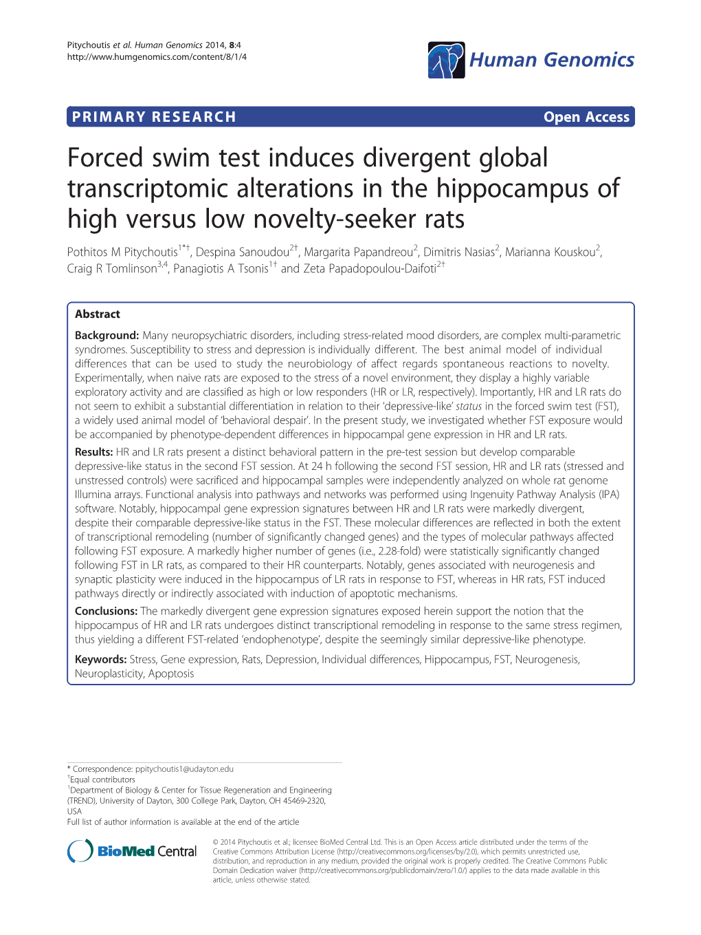 Forced Swim Test Induces Divergent Global Transcriptomic Alterations In