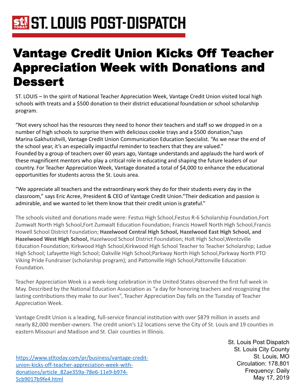 Vantage Credit Union Kicks Off Teacher Appreciation Week with Donations and Dessert ST